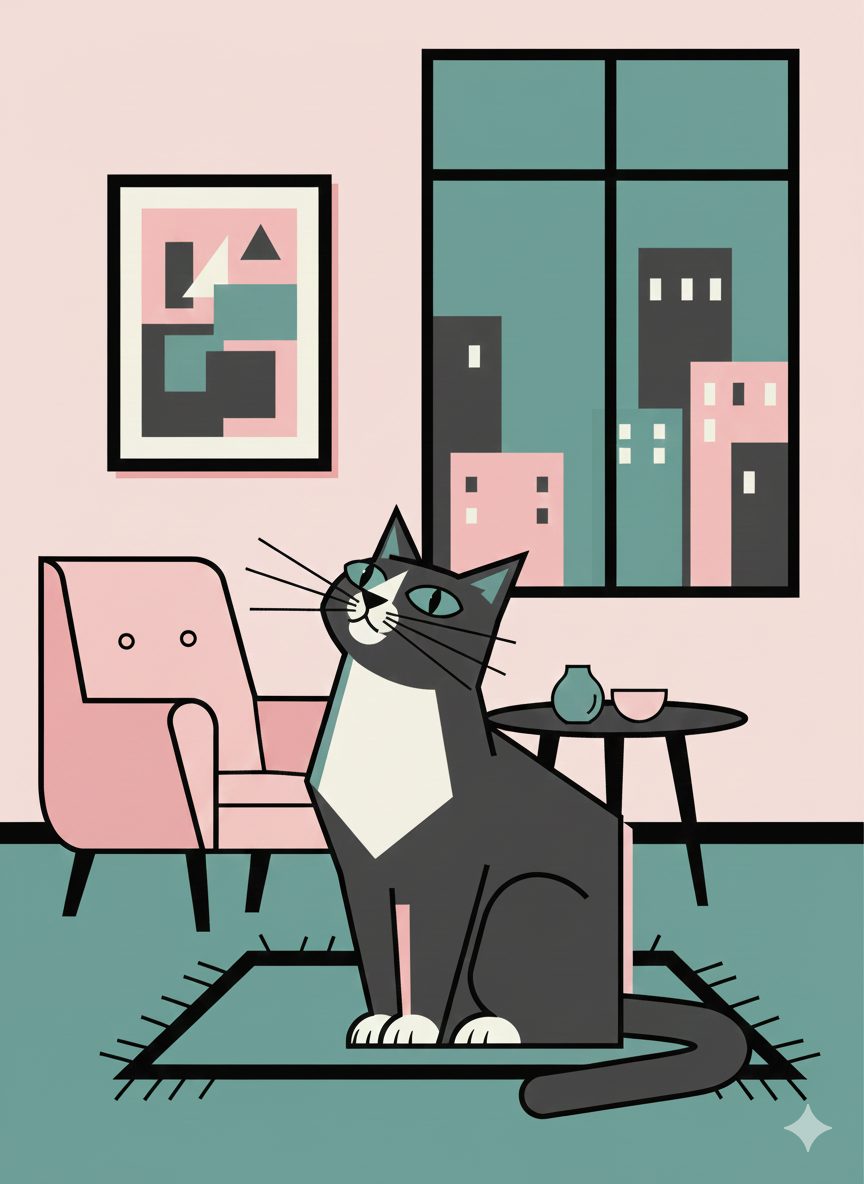 AI-genereret – kat i mid-century stue